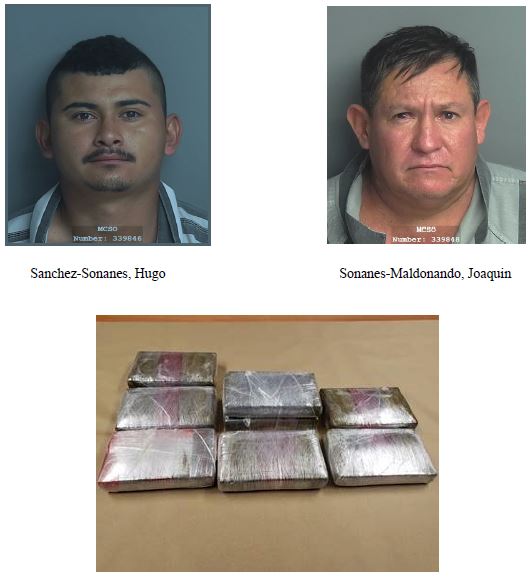 Booking photos of Hugo and Joaquin Sanchez-Sonanes on the top. Photo of seized drugs at the bottom. 